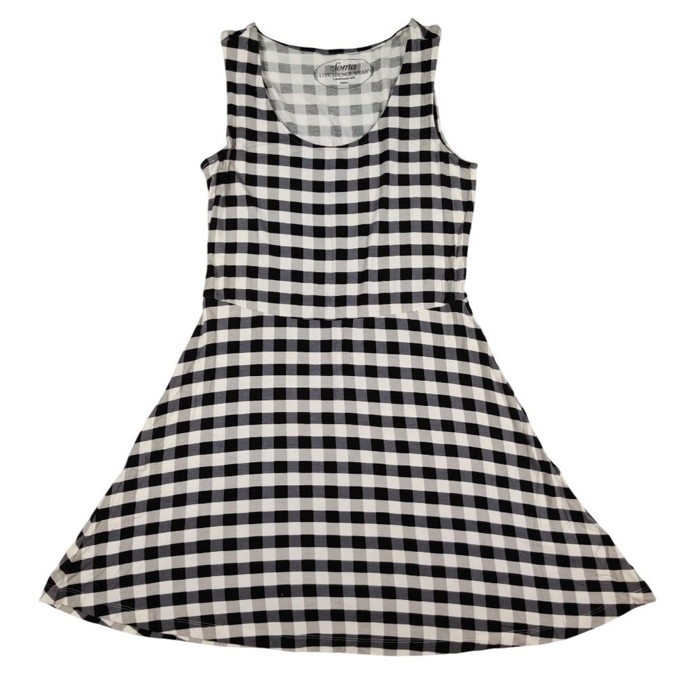 Soma XS Gingham Sleeveless A-Line Lounge Dress Black White Checkered Soft Knit